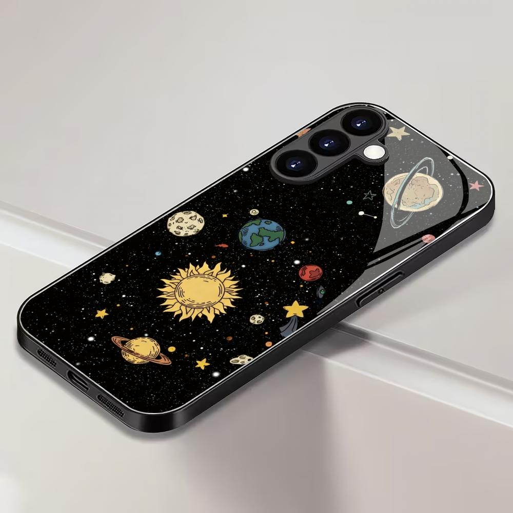 Space Sternenhimmel Schwarze Gehärtete Glas Handyhülle Geeignet für Samsung Galaxy S26 S25 S24 S23 S22 S21 S20 FE/Ultra/Plus Anti-Drop