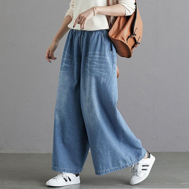 GMXIA Loose and Tight Waist Denim Wide-leg Pants for Women, Spring Loose High-waisted Large-leg Pants, Straight and Large-sized, with A Good Drape