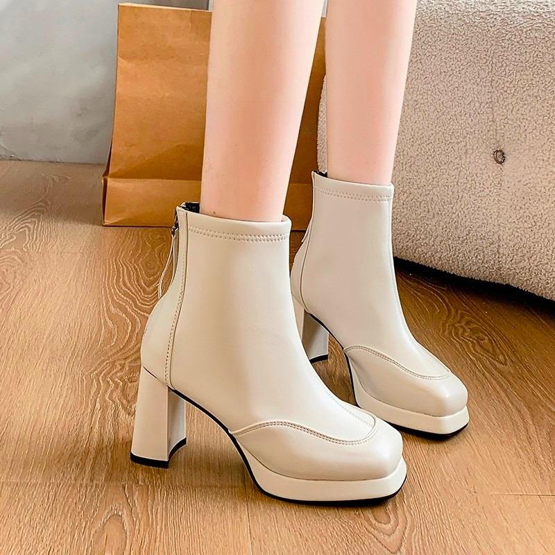 

Fashion Cotton Lined Heels Autumn New Round Toe Spliced Rear Zipper Platform Non-Slip Shorthole Boots 41