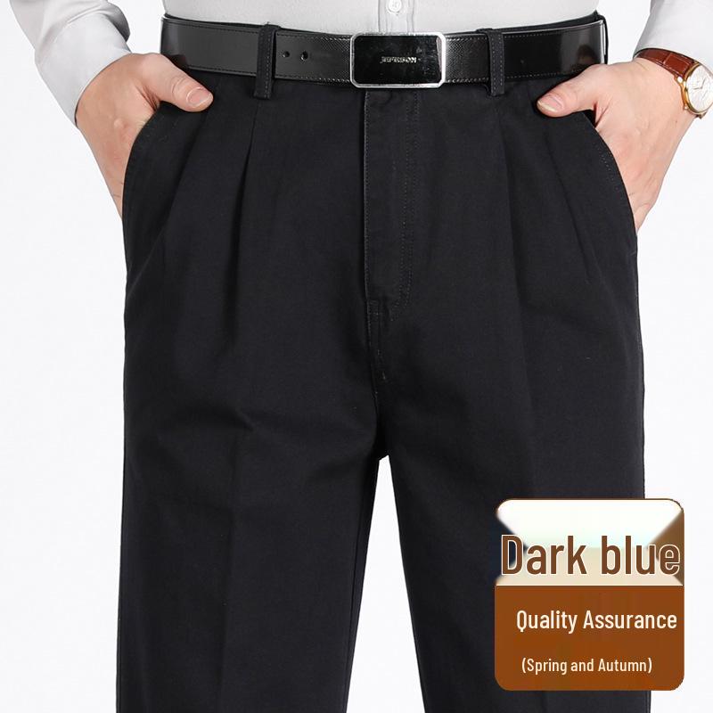 Men's Pure Cotton Double-Pleat Casual Pants - High Waist, Wide Leg, Non-Iron, Summer-Weight for Middle-Aged and Elderly.