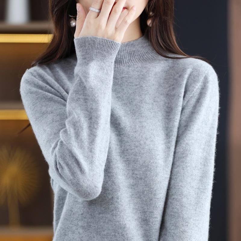 Women's Pure Wool Ribbed Sweater - Autumn/Winter Loose Fit Semi-High Neck Pullover