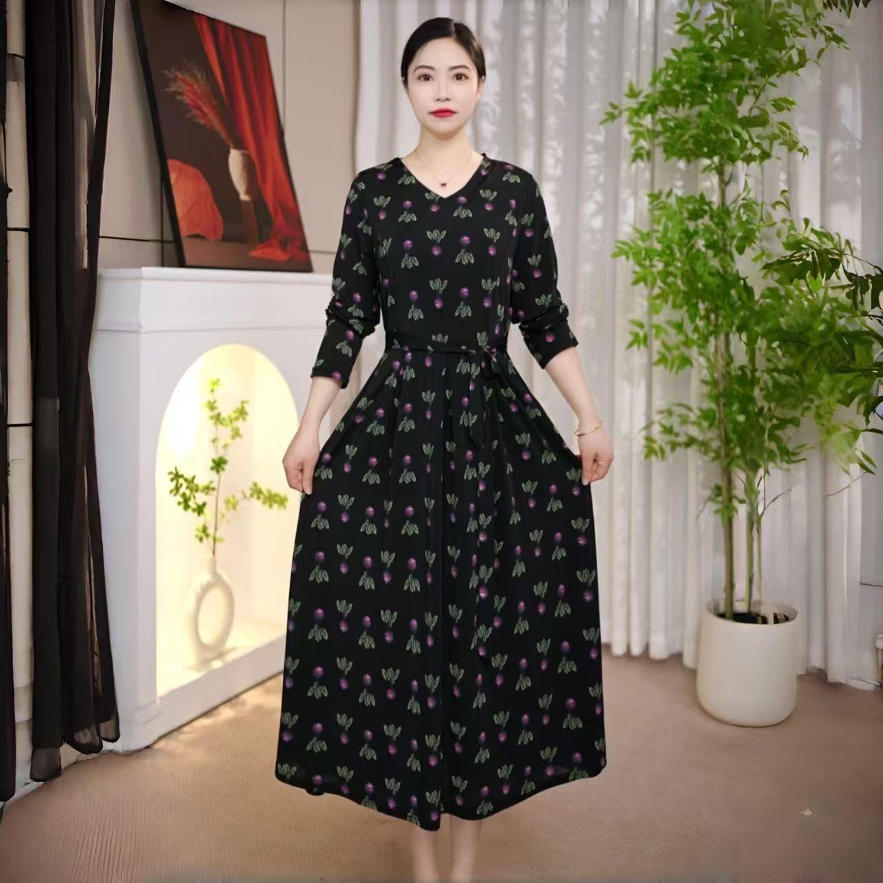 2026 Elegant Floral Waist-Cinched Long Sleeve Dress for Mothers 5XL (145-160 lbs) розовый/чёрный