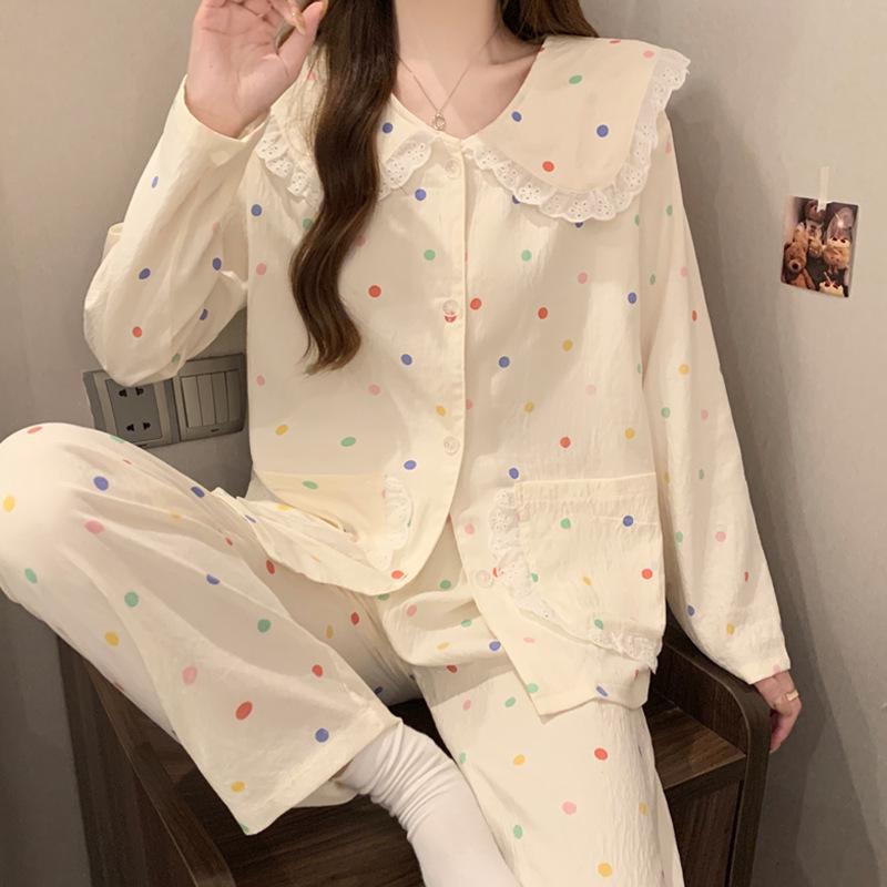 Pigiama in Cotone a Nuvole Pois - Set da Donna a Manica Lunga con Collo da Bambola per Primavera e Autunno