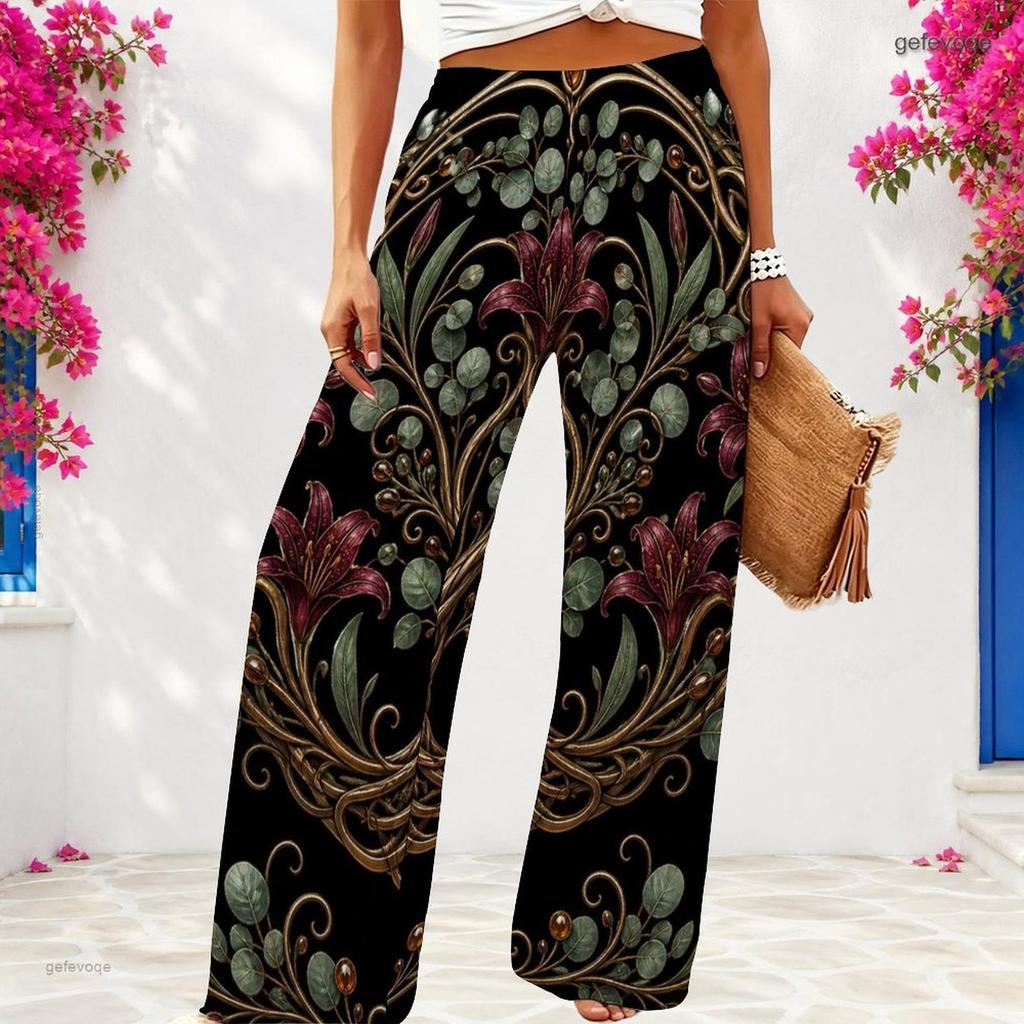 Women Plus Size Black Gold Green Swirl Printed Wide Leg Full Length Loose Pants