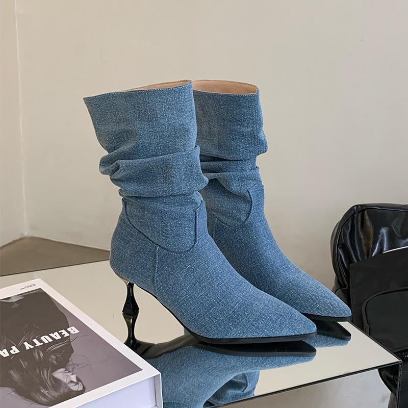Women’s 2024 Autumn Retro Slim Heel Pleated Mid-Tube Pointed Toe Boots