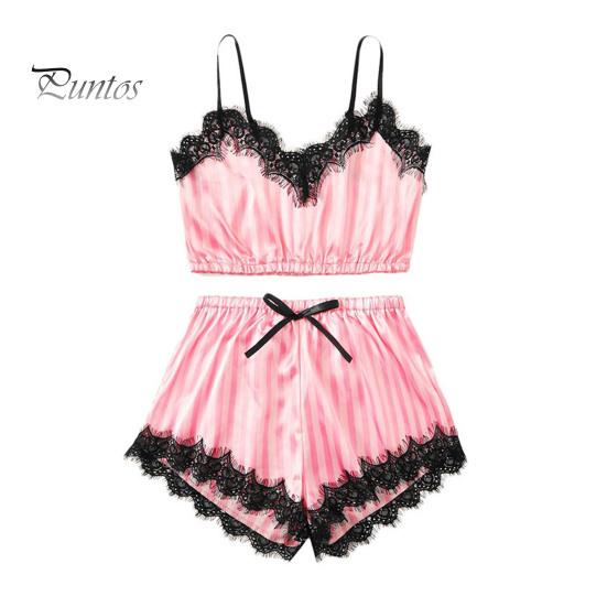 Dámský dvoudílný pyžamový set Krajkový lem Výstřih do V Cami Crop Top Šortky s elastickým pasem Ležérní bez rukávů Noční oblečení Lounge set