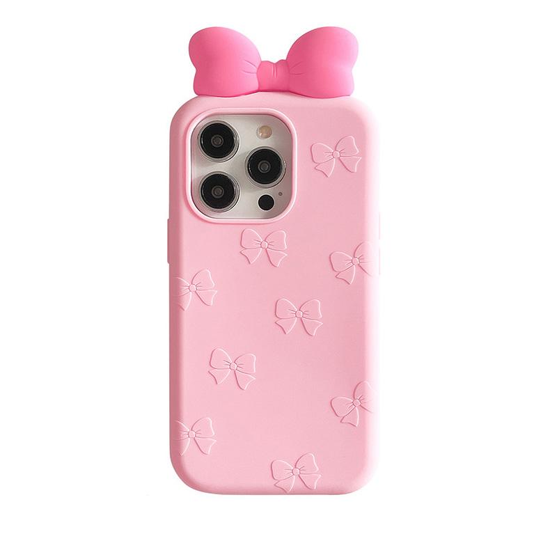 

Cute 3D Cartoon Bowknot Phone Case For iPhone 16 15 14 13 12 Pro Max Fashion Shock Proof Soft Silicone Back Cover Capas iPhone 12 Pro Max розовый
