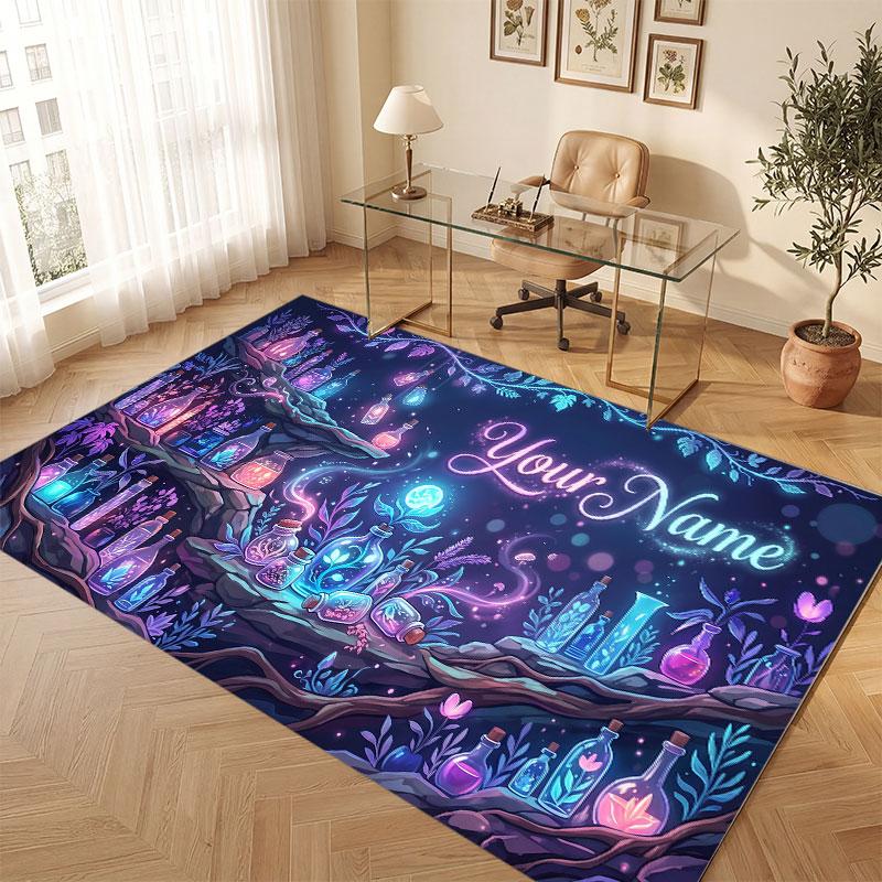 Mushroom Forest Theme Crystal Velvet Floor Rug Personalized Custom Name Text Warm Carpet Home Decoration