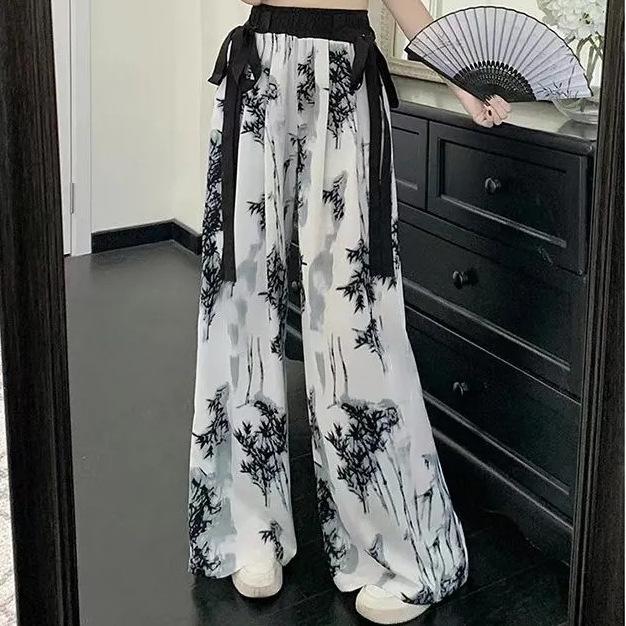 Women's Summer Ink Wash Tie-Dye Ice Silk Wide-Leg Pants with Sashes