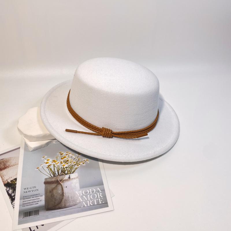 New Leather Rope Flat-top Woolen Top Hat Women's Autumn and Winter Temperament Elegant and Fashionable Versatile Flat-brimmed Felt Hat Men's Stage