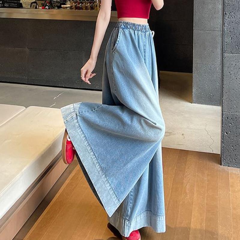 Women's Plus Size Retro Straight Leg Denim Jeans Summer Indus Pants Plus Size Elastic Waist Slimming Loose Wide Leg Skort