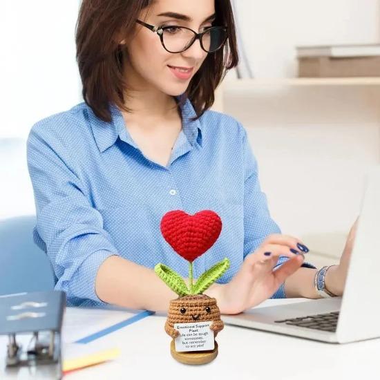 Knitted Wool Heart Potted Plant Handmade Simulation Flower Study Desktop Decorations Living Room Decorations