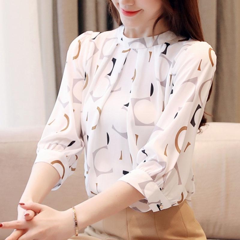 

Fashion Women s Clothing Summer Printed Chiffon Blouse Casual Puff Half Sleeve Office Shirt Korean Stand Collar Tops Blusas 2XL білий