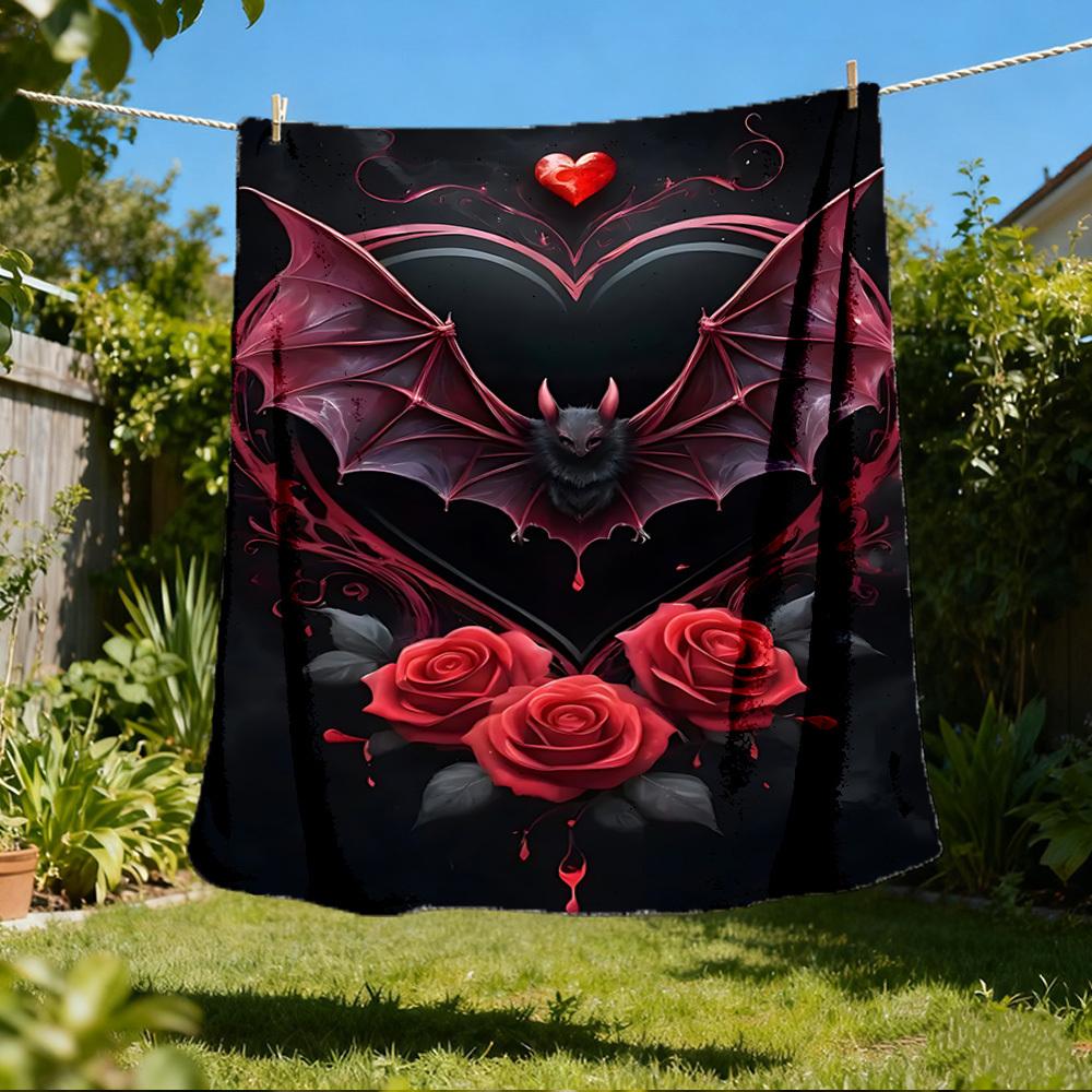 1pc Bat Heart Roses Outdoor Blanket - Lightweight Flannel Throw For Travel, Camping, Gifts For Family Or Friends yy251114187