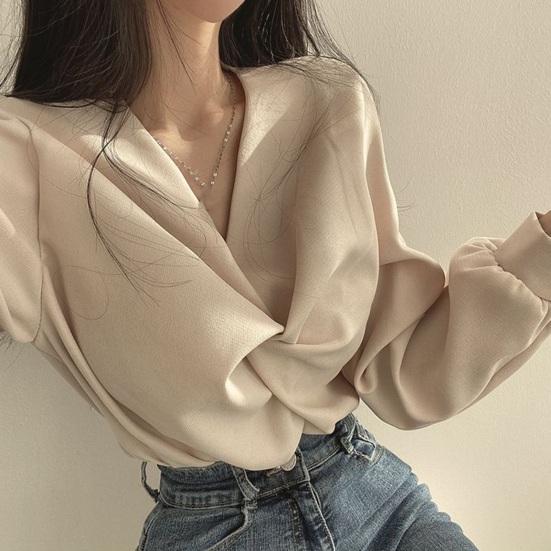 Women Shirt V-Neck Lantern Long Sleeve Pullover Tops Solid Color Knotted Design Regular Fit Tops