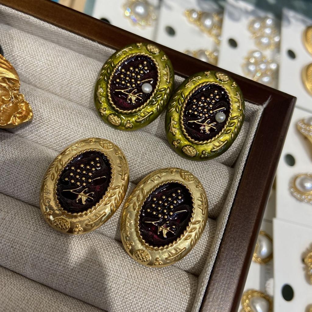 Enamel Color Medieval Earrings, Court Style 926 Grape String Oval Stud Earrings, Plated With Real Gold, Western Retro.