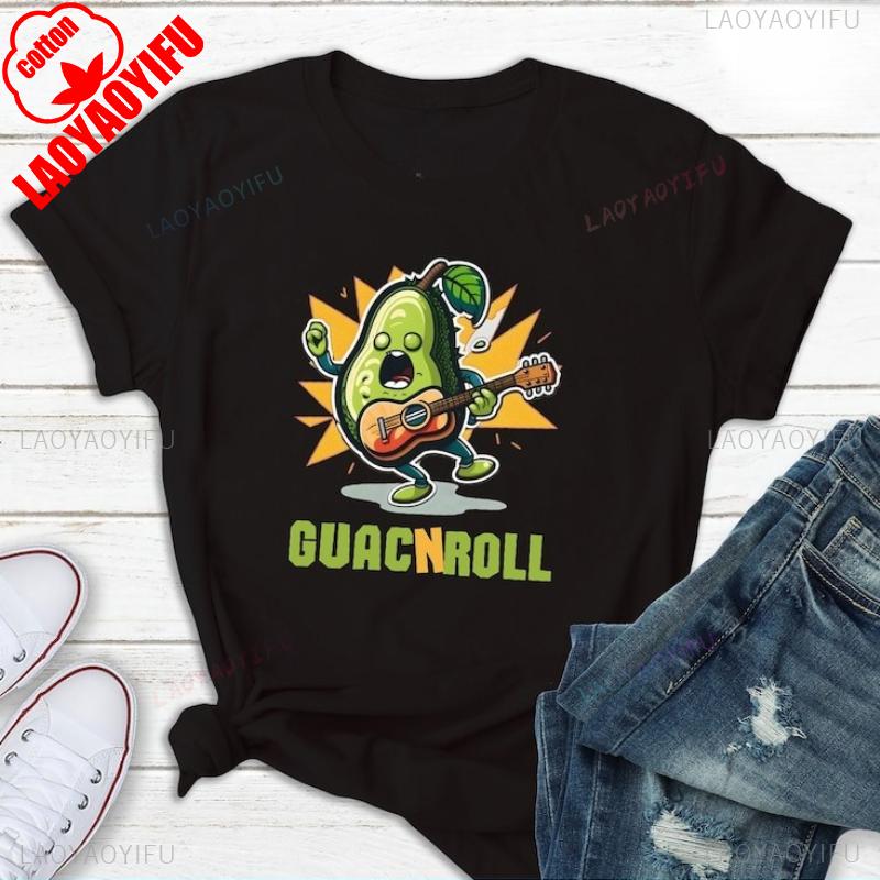 Lustiges Avocado-Shirt für Liebhaber Guac and Roll T-Shirt Niedliches Gitarrenspieler-Geschenk Guacamole Musikliebhaber Erwachsener Unisex Bedrucktes T-Shirt Oberteile