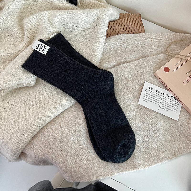 Winter and Autumn Children's Thick and Warm Mid-calf Socks with Vertical Stripes and Solid Color Wool Pile Socks