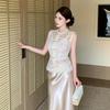 Summer 2026 Elegant Three-Piece Set: Lace Embroidered Top with Straps, High-End Satin Mermaid Skirt.
