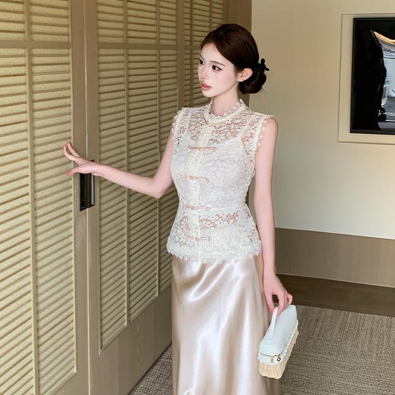 Summer 2026 Elegant Three-Piece Set: Lace Embroidered Top with Straps, High-End Satin Mermaid Skirt.