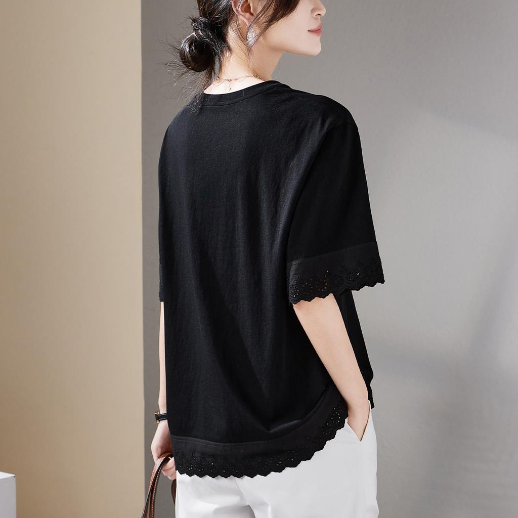 Lace Lace Patchwork Round Neck Short Sleeved T-shirt