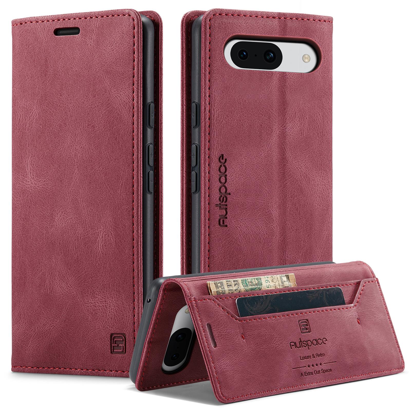 

For Google Pixel 8a Wallet Case AUTSPACE A01 Leather Stand Cover with RFID Blocking Card Holder Red