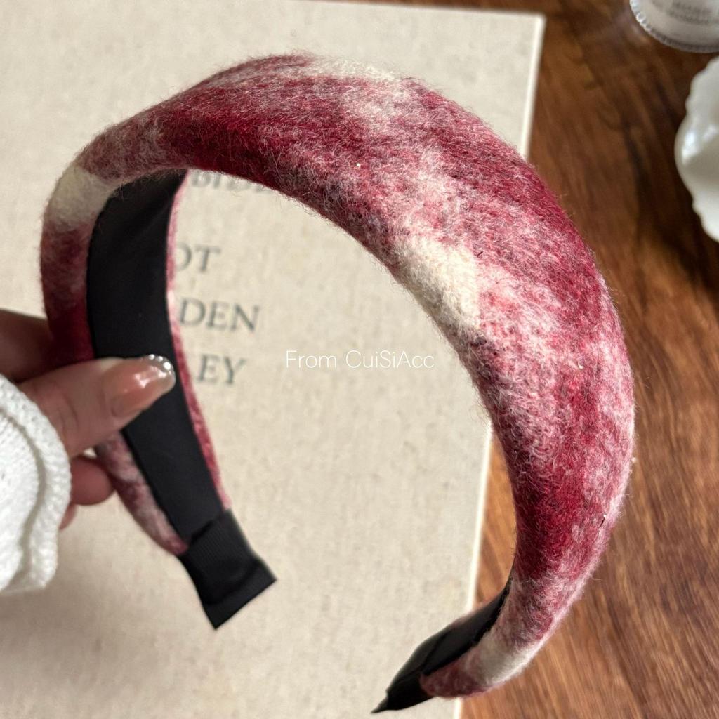 Women's Red Plaid Wool Wide-Brimmed Headband - Perfect for Christmas & New Year Outings