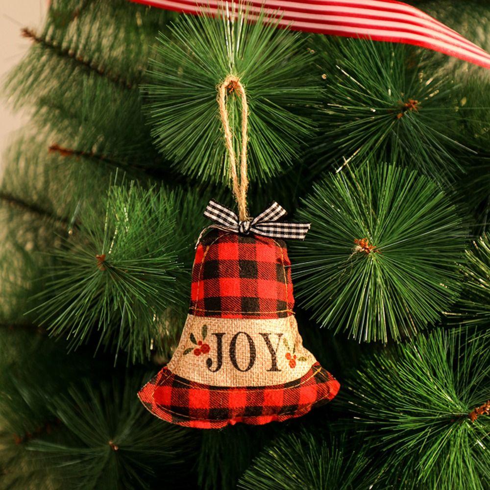 Handmade Christmas Linen Plaid Hanging Decor Xmas Bells Ball Decorations  New Year Festival Gifts