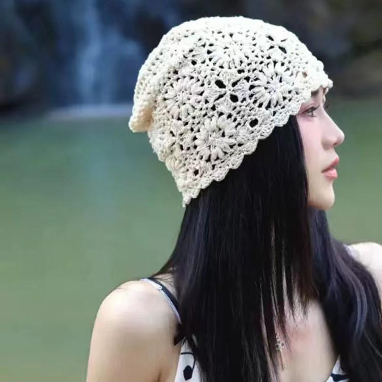 New big head circumference handmade crochet wool hat women's hollow knitted headhat showing face small thin stacking hat