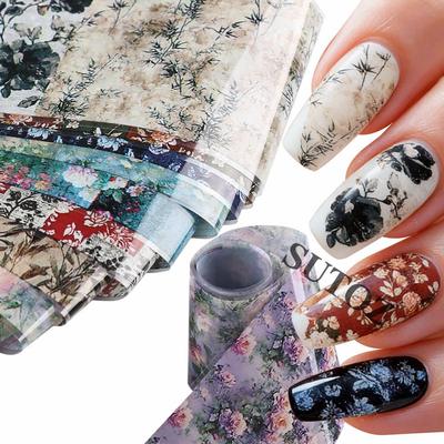 Set of 10 Retro European Court Style Floral and Plaid Nail Art Transfer Papers