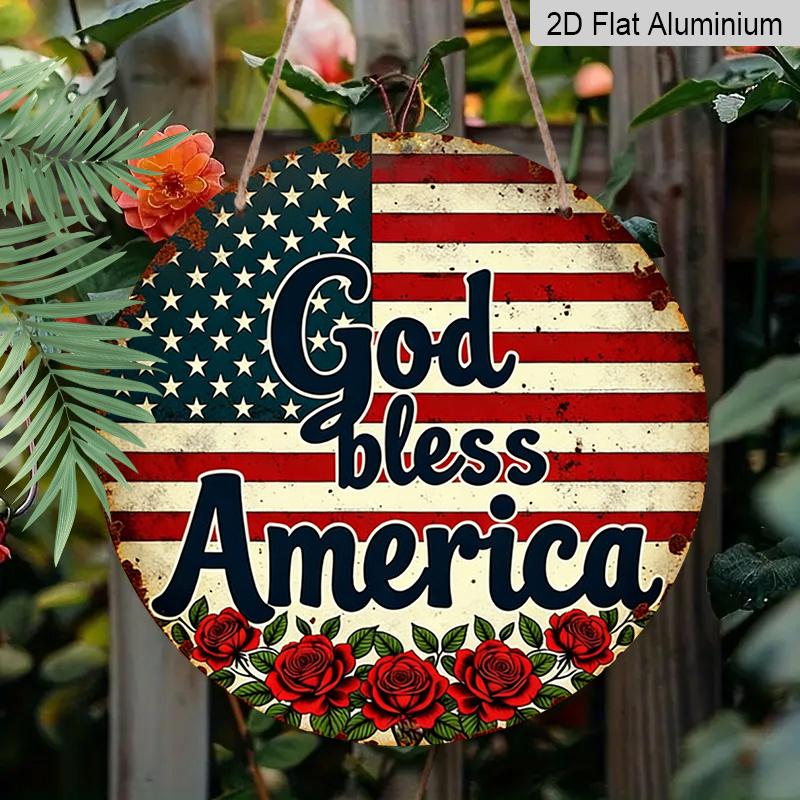 2D Flat, 1pc Heavy-Duty Retro God Bless America Round Metal Sign - Vintage Aluminum Wall Decor Suitable for Home, Office, Garage, 4th of July Gift