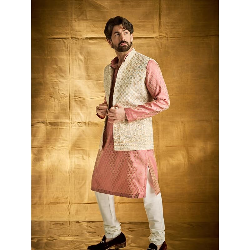 SOJANYA (Since 1958 Men' Ethnic Motifs Woven Design Silk Blend Kurta & Churidar With Nehru Jacket