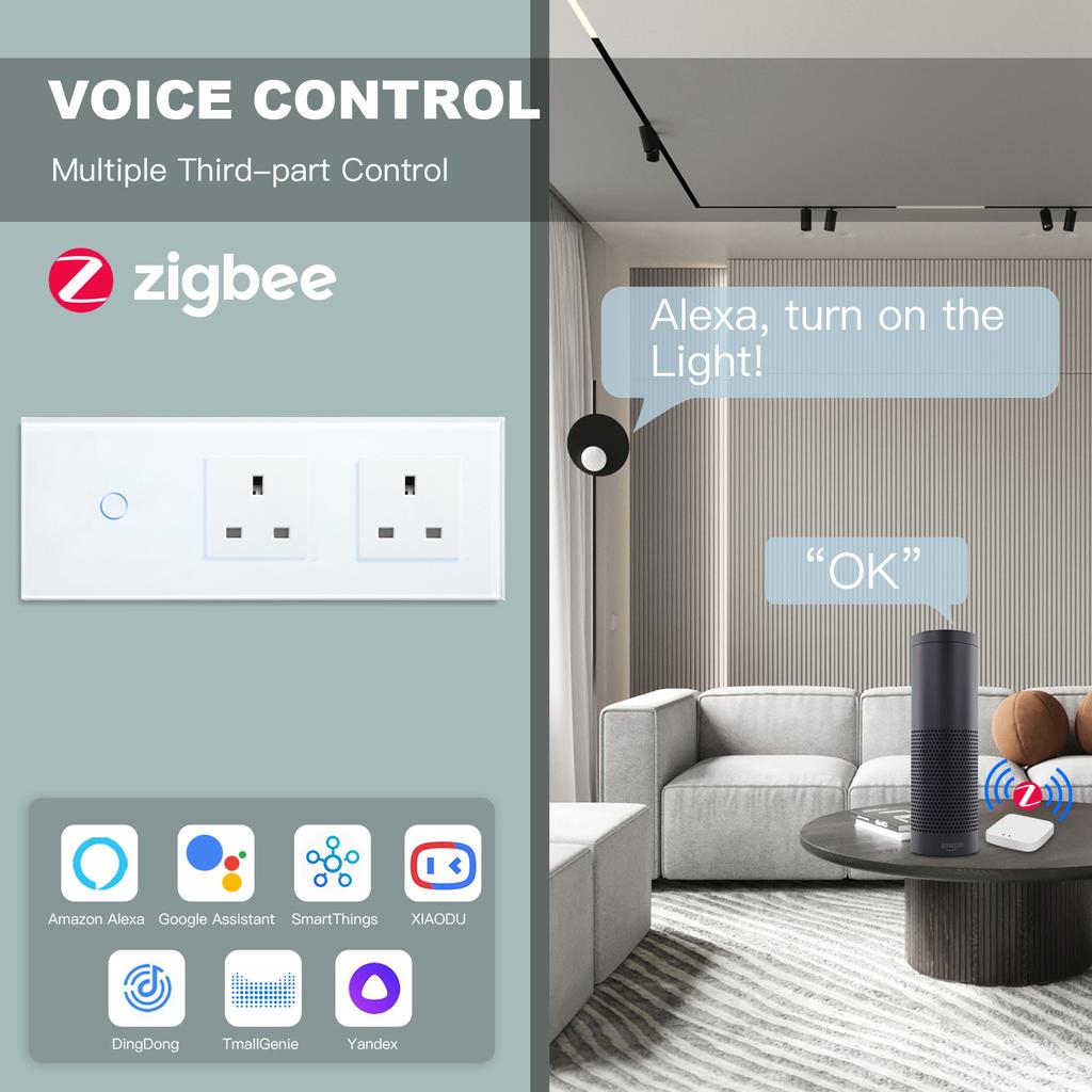 BSEED Zigbee 1/2/3Gang Touch Switches 1/2/3Way Tuya Smart Life App Control With UK Sockets Glass Panel Neutral Version White