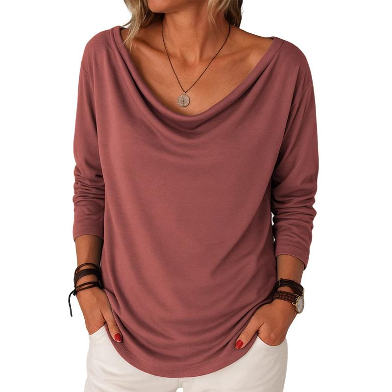 Women Solid Color Pile Collar Shirt Casual Loose Long Sleeve Pullover