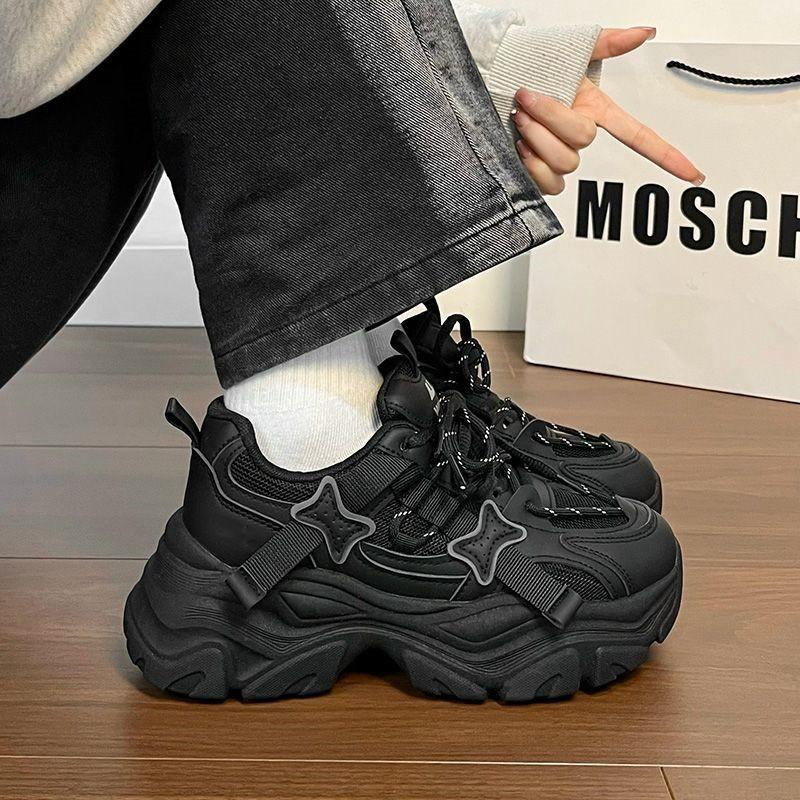 Thick-soled Heightening Dad Shoes Women's Autumn New Versatile Soft-soled Sweet and Cool Student Black Sneakers