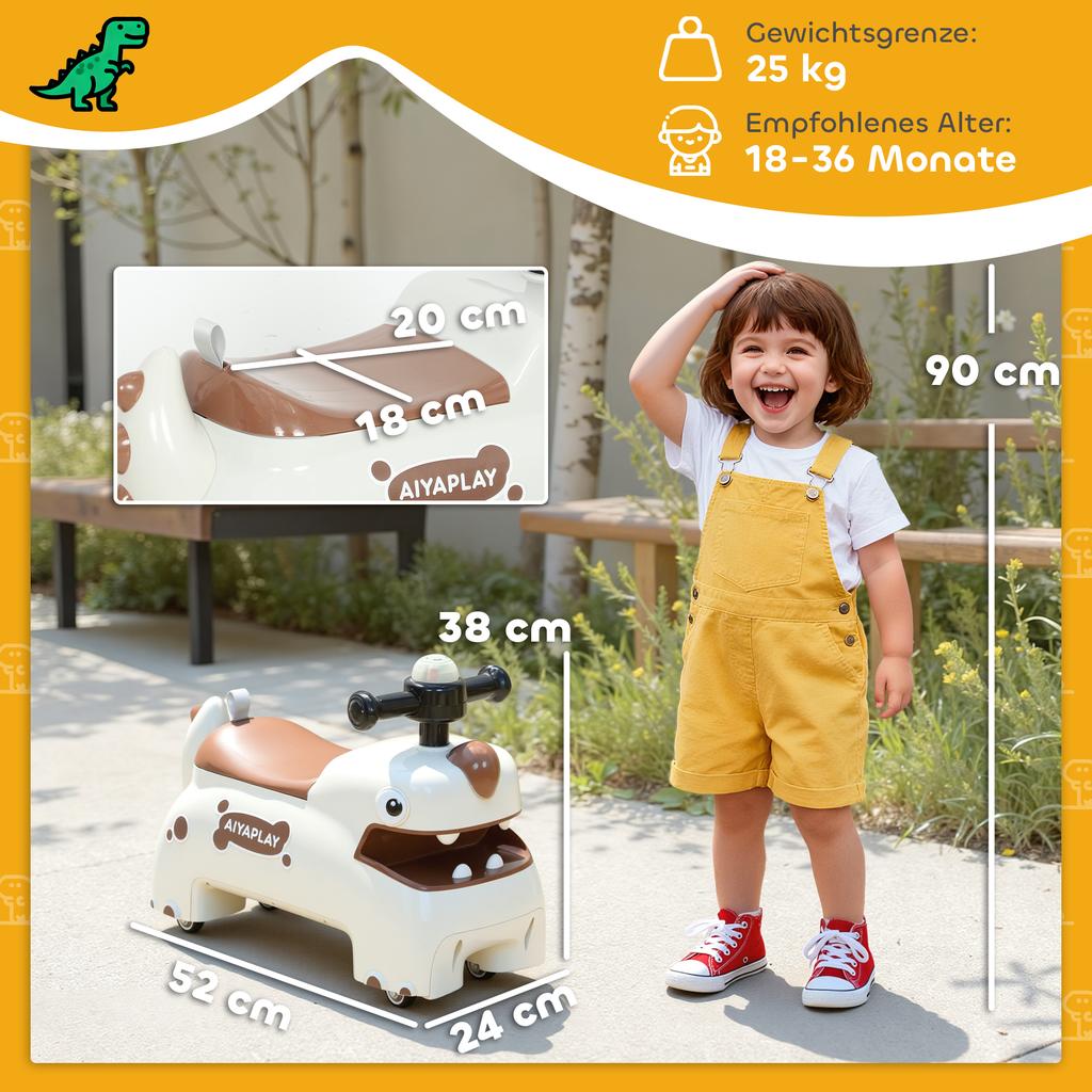 Kids Ride On Car, Dinosaur Foot To Floor Slider with Storage, Toddler Walker with Light, Sounds, Cream