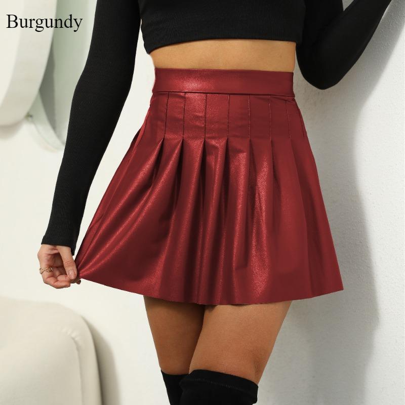 PU Pleated Skirt Plus-size Skirt Women Fashion Handsome Leg Long High Waist Tight Thin Pure Color Pure Spice Girl Style Skirt