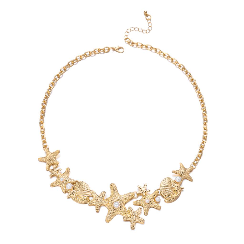 Starfish Shell Imitation Pearl Necklace Summer Beach Vacation Style Accessory Personality Daily Accessory