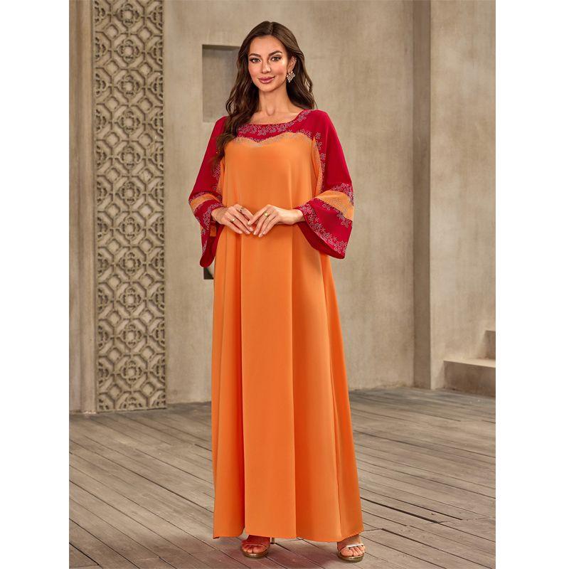 

Cross-Border Women clothes Dubai Moroccan Robe Middle East Hot Drilling round Neck Loose Contrast Color Plus size dresses Dress Red 2XL