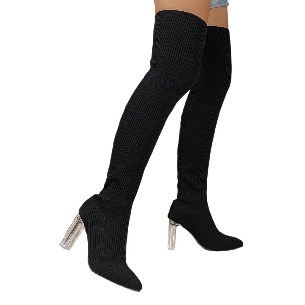 Large Size High Tube Knee Socks Boots Autumn And Winter High Heel European And American Style Pointed Thick Heel Women'S Boots