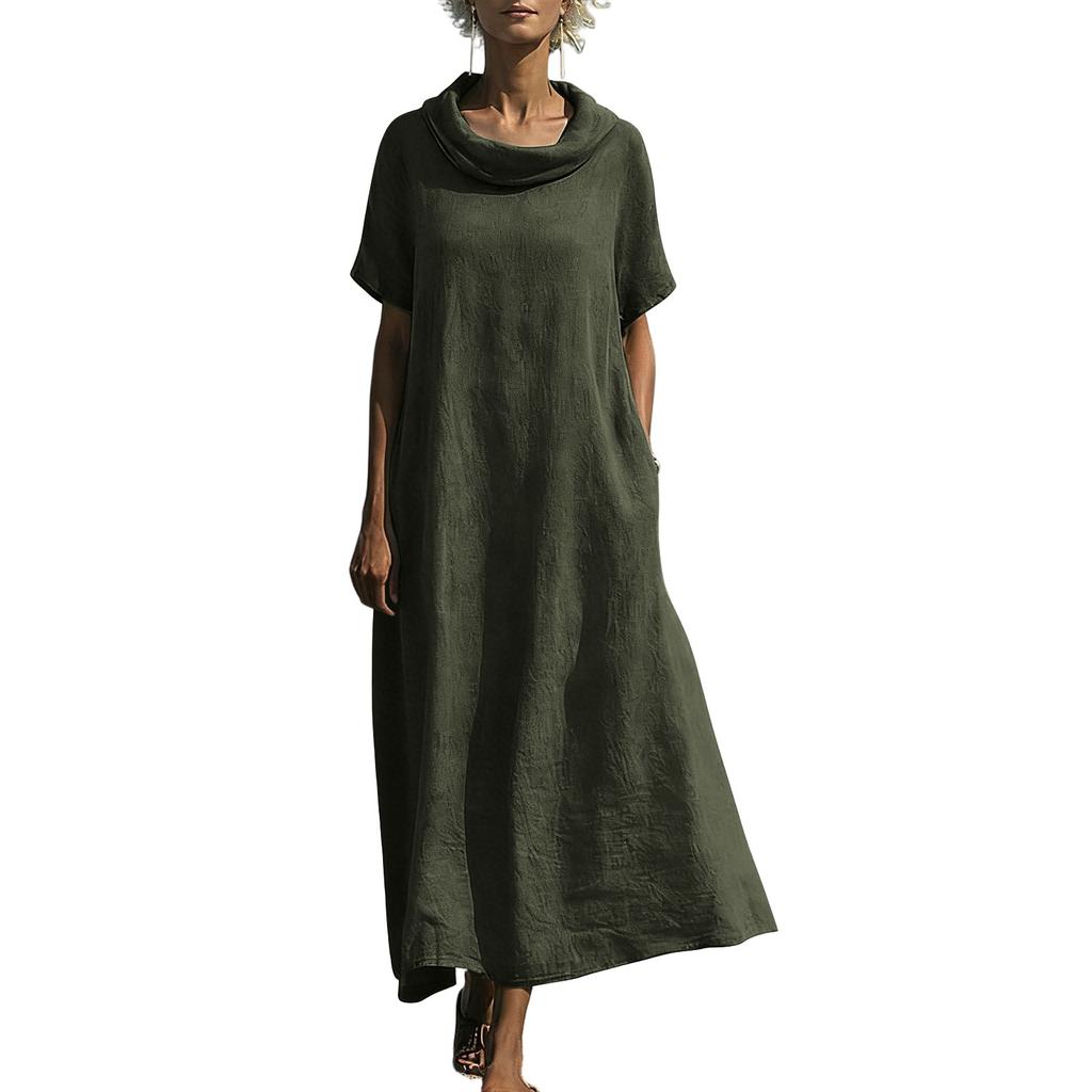 Women's Loose Fit Cowl Neck Maxi Dress Short Sleeve Solid Patterned Casual Linen Floor Length Gown