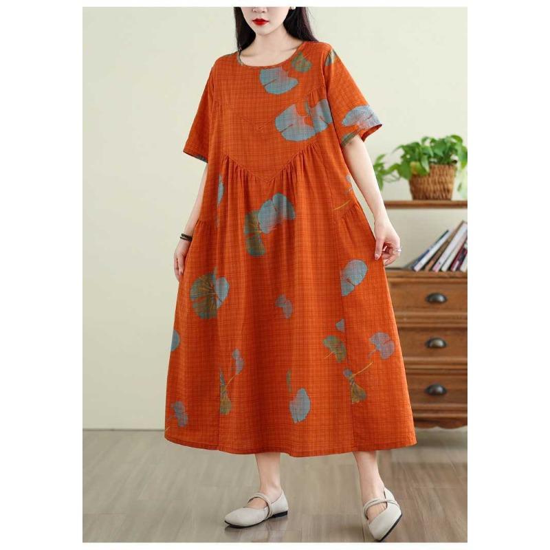 Summer Retro Cotton and Linen Round Neck Short Sleeved Dress, Women's Loose Skirt