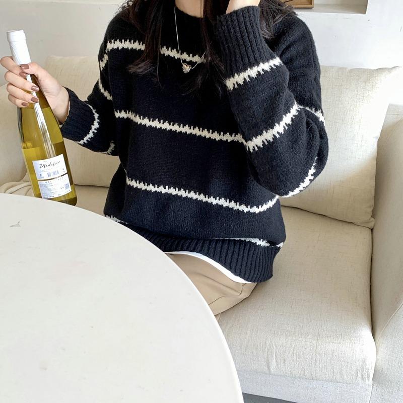 Korean Style Crew Neck Pullover Stripes Women's Sweater Autumn Winter Fashion New Casual Loose Long Sleeved Knitted Tops Office Lady Elegant Clothing