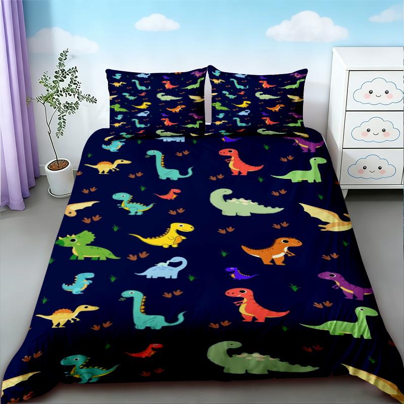 Duvet Cover 3pcs Cartoon Cute Color Dinosaur Print Coreless Down Duvet Cover Set, Multi Size Bedding Decoration, soft beautiful