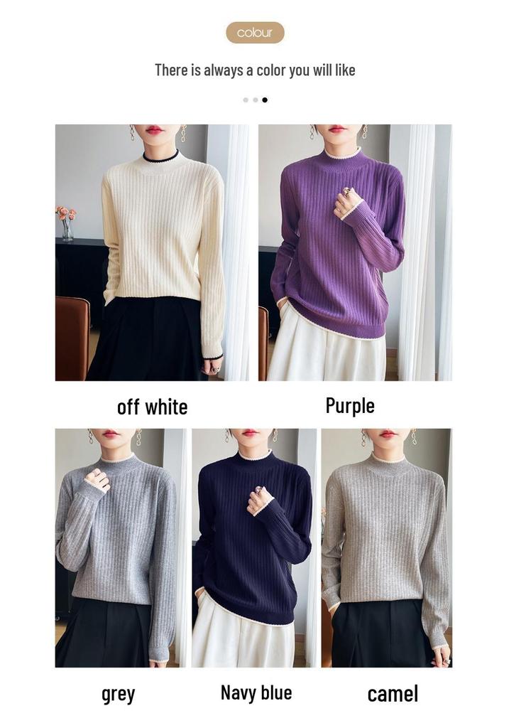 Women's Lace Color Block Knit Pullover - Loose Fit, Half High Collar, Slim Base Layer Top for Autumn/Winter