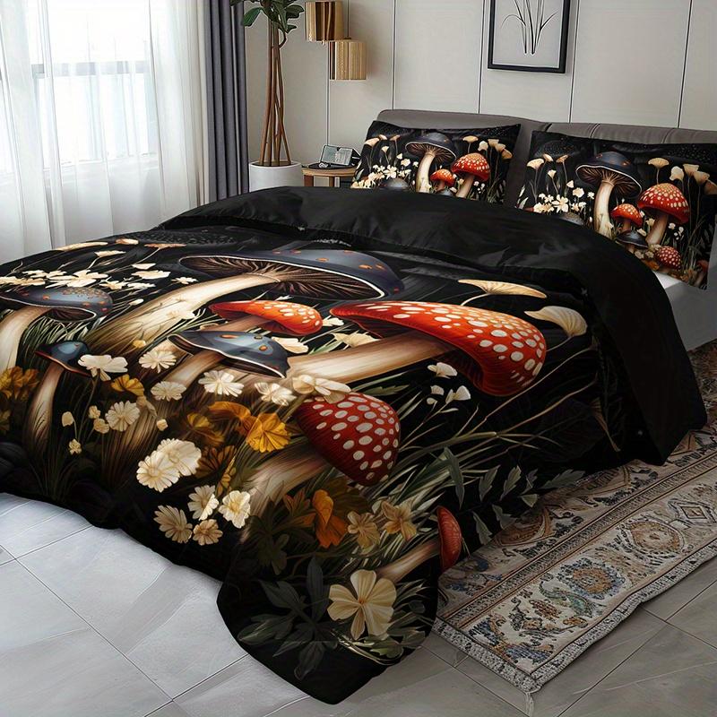 3Pcs Botanical Mushroom Bedding Duvet Cover Set Dark Fantasy Mushroom Bedding Quilt Set Floral Mushroom Themed Bed Quilt Set