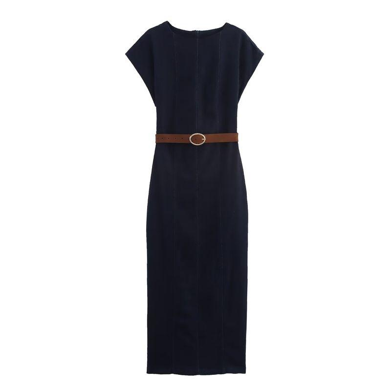 

Kaslead New Women clothes Western Style Slim fit With Belt Midi Dress 3564154 Dark blue L