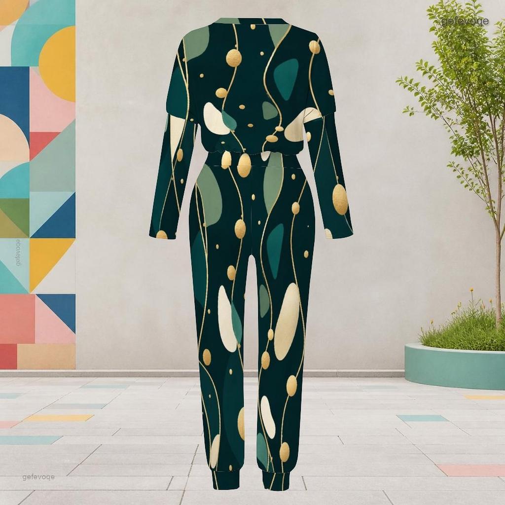 Women Plus Size Round Neck Long Sleeve Black Printed Two Piece Set Cuffed Top And Pants With Pockets
