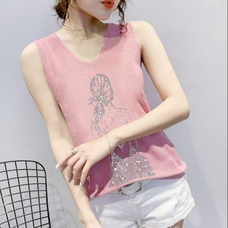 Summer Tank Top Women Thin Bright Silk Knitted Shirt Women's Fashion Girl Rhinestones Sleeveless Vest Outwear Female Tops