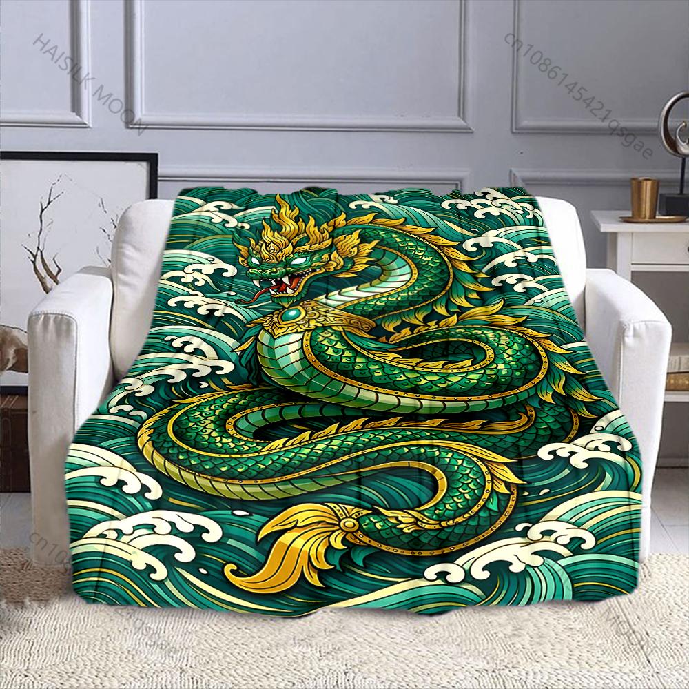 Multiple Sizes Dragon and Waves Print Blanket Warm Soft Suitable for All Seasons for Home Sofa Travel Camping Picnics RV